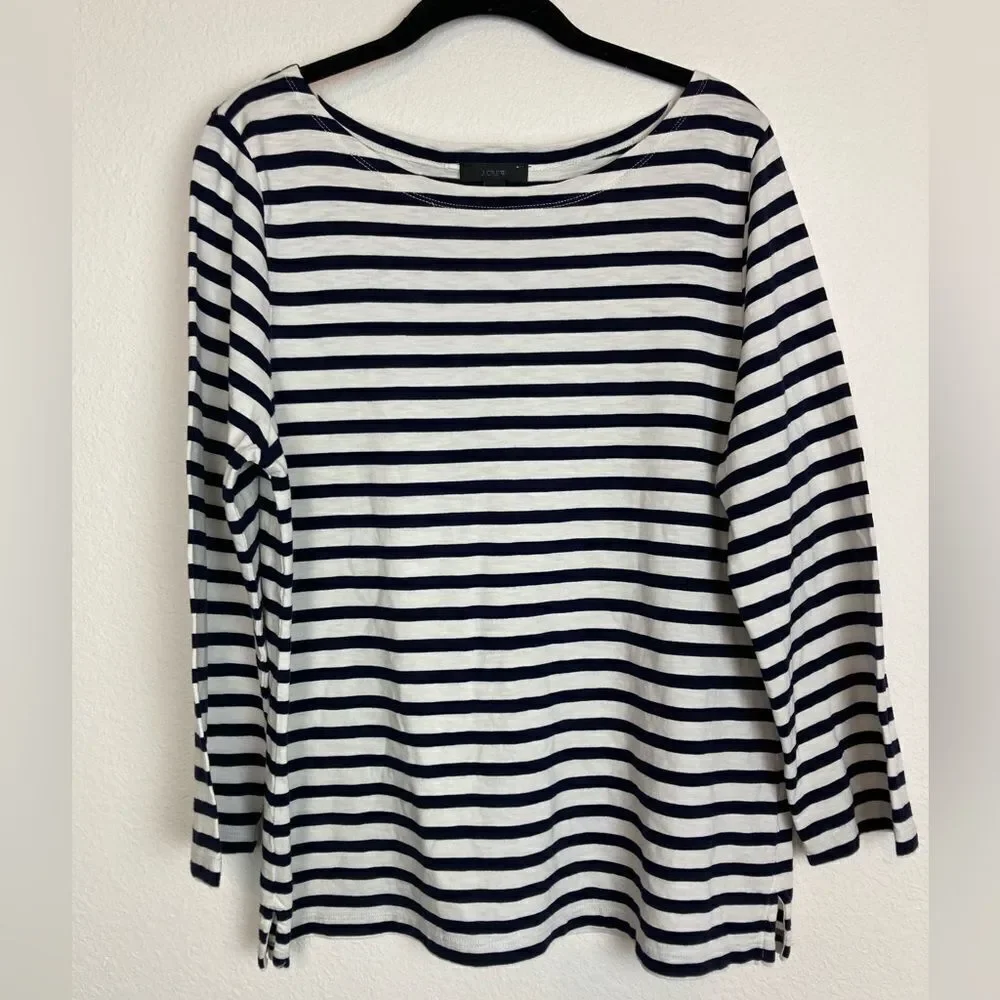 J. Crew classic black and white/cream striped cotton preppy nautical classic top
